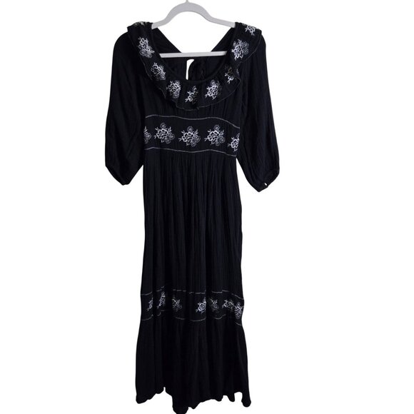 Free People Lovers Lane Maxi Dress Black Embroidered Peasant Size S - Picture 2 of 12